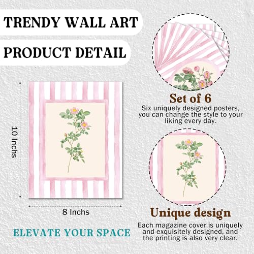 Isfvqyub Preppy Light Pink And White Flower Wall Art, Aesthetic Coquette Floral Poster For Girl Women, Trendy Watercolor Girly Wall Decor For Bedroom Dorm College Apartment, Set Of 6 -A12 - size: Pink And White Flower