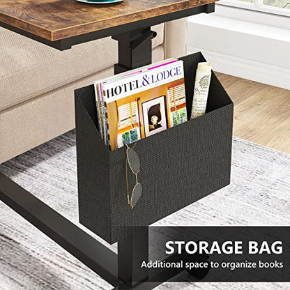 Tribesigns Height Adjustable C Shaped End Table with Wheels and Side Pocket, Mobile Sofa Snack Table with Tiltable Drawing Board, Laptop Side Tray Table for Couch Bed (Rustic Brown) - color: Rustic Brown