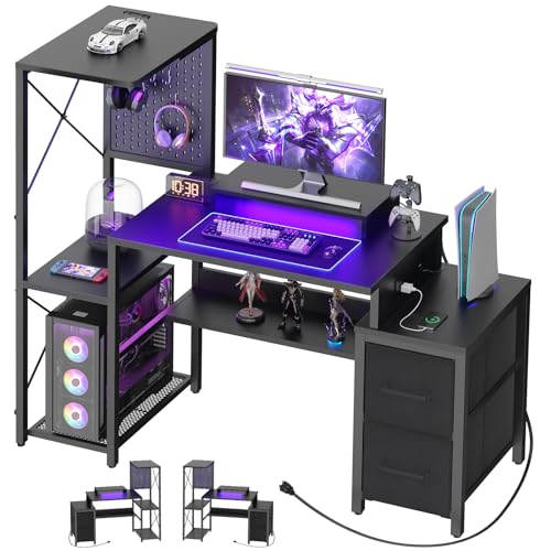 Small Gaming Desk with 2 Fabric Drawers - Reversible Computer Desk with Power Outlet & LED Lights, 49" Office Desk with Monitor Stand & Storage Shelves, Writing Study Table with Pegboard, Black - color: Black