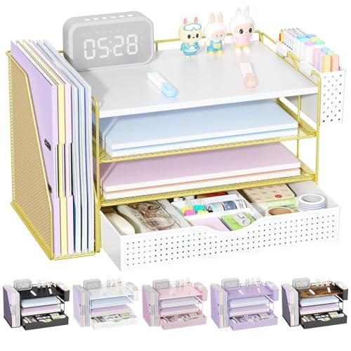 gianotter Wood Desk Organizers and Accessories with File Holder, 4-Tier Desk Accessories & Workspace Organizers with Drawer and Pen Holder, Desk Reference Organizer (Gold, 4T with Drawer) - color: Gold, size: 4T with Drawer