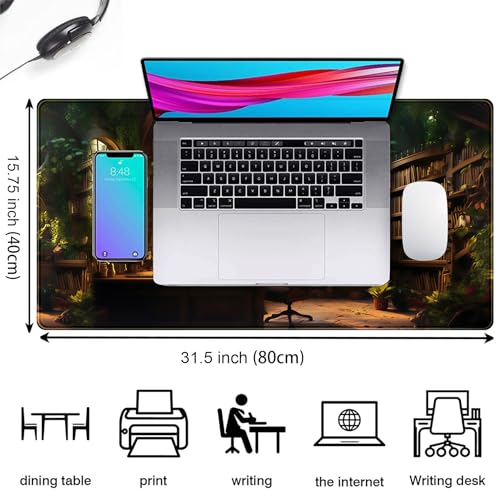 Large Desk Mouse Pad Enchanted Library Desk Mat, Extended Gaming Mouse Mat, Office Home Keyboard Pad, Magical Forest Computer Mats XXL, Full Desktop Mat Aesthetic PC Accessories 31.5" x 15.75" - color: Forest Bookstore