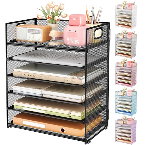Subekyu 6 Tier Paper Organizer for Desk with Handle, Metal Mesh Desk Office File Folder Paper Letter Tray Accessories Organizer Sorter for Home, School, Office Desktop Document Organization - Gray - color: Gray
