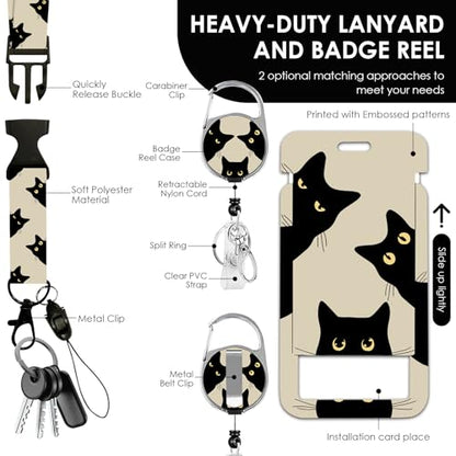 Black Cat Lanyards ID Badge, Cute Funny Cats ID Badge Holder with Retractable Reel Clip and Keychain, Vertical Heavy Duty Identity Badge Cover Case Protector for Teacher Nurse Women man - color: Blackcat-khaki