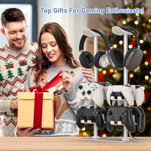 MANMUVIMO Headset Controller Stand for 2 Headset and 8 Controller, Headphone Stand Gaming Controller Holder for PS5 Xbox Airpods Beats Bose, Gaming Room Accessories, Gamer Gifts for Men (White) - size: 2 Headphone 8 Controller Holder White