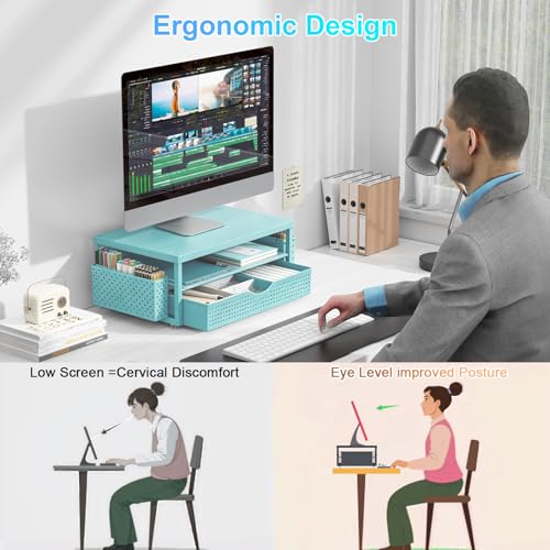 gianotter Desk Organizers and Accessories, Monitor Stand with Drawer and 2 Pen Holder, Desktop Organizer Suitable for Offices and Dormitories (Blue-Plain) - color: Blue-Plain