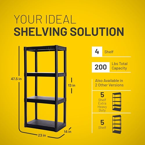 Plano 4-Shelf Plastic Storage Shelves, 48” x 23” x 14”, 200lb Capacity, Pantry, Office, Closet and Garage Shelves, Easy to Assemble, Durable Plastic Shelving Unit - size: 4-Shelf 200lb