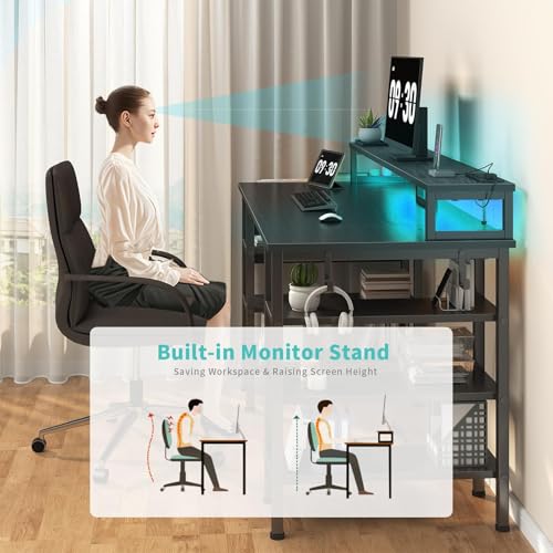 Lufeiya Gaming Desk with LED Lights and Storage Shelves, 47 inch Computer Desk with Power Outlets, Home Office Desk with Monitor Stand, Writing Table PC Desks, Black - color: Black