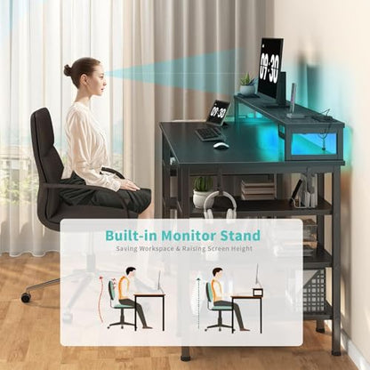 Lufeiya Gaming Desk with LED Lights and Storage Shelves, 47 inch Computer Desk with Power Outlets, Home Office Desk with Monitor Stand, Writing Table PC Desks, Black - color: Black