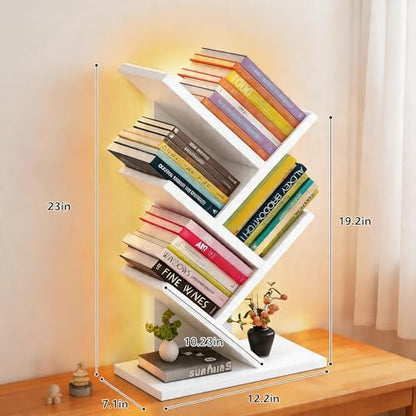 Godferyxin Tree Bookshelf with Liting,Small Bookcase LED and Desktop Book Shelf Light for Office, Home or School Mini Bookcase for Displaying Books, CDs, Magazines Wood White Bookshelf Small - color: 5tier-bookshelf Liting White