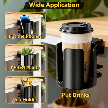 Desk Cup Holder Clip On with Buckle Clamp,Deeper Anti-Spill Drink Table Holder for Water Bottles & Coffee Mugs,Adjustable Large Metal Clamp Fits Desks for Office & Gaming,Home,Black - size: 3.94"L x 3.94"W x 3.94"H