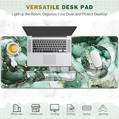 Gaming Mouse Pad, Large Desk Mat, Cute Desk Pad Protector, 4in1 XXL Mousepad + Keyboard Wrist Rest+Mouse Wrist Rest+Coaster Set with Ergonomic Desk Pad for Home Office PC Computer, Green Marble - color: Green Marble