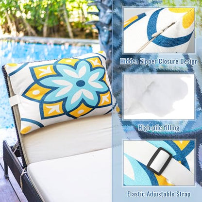 Juexica 2 Pack Chaise Lounge Pillow with Strap Outdoor Waterproof Beach Chair Neck Headrest Pillow Adjustable Elastic Band for Hammock Lumbar Recliner Pillows for Patio Pool Chair(Fresh Flowers) - style: Fresh Flowers