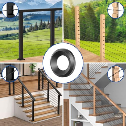 BLIKA 100Pack Black Cable Railing Adhesive Sleeves for 1/8" 5/32" 3/16" Wire Rope Cable, T316 Stainless Steel, 2.8mm Thickness Cable Railing Protector Adhesive Sleeves for Deck Stair Cable Railing Kit - size: Black