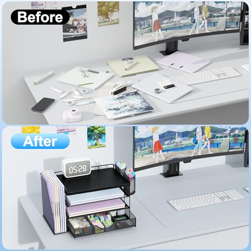 gianotter Wood Desk Organizers and Accessories with File Holder, 4-Tier Desk Accessories & Workspace Organizers with Drawer and 2 Pen Holder, Desk Reference Organizer (Black, 4T with Metal Drawer) - color: Black, size: 4T with Metal Drawer