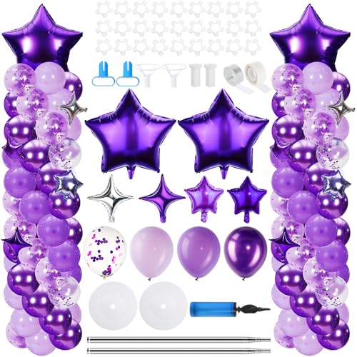 Gejoy 110 Pcs Purple Silver Balloons Column Stand Kit Adjustable Tower Stand from 1.4 to 6.6 ft with Bases for Back to School Wedding Birthday Baby Shower Party - color: Purple Silver