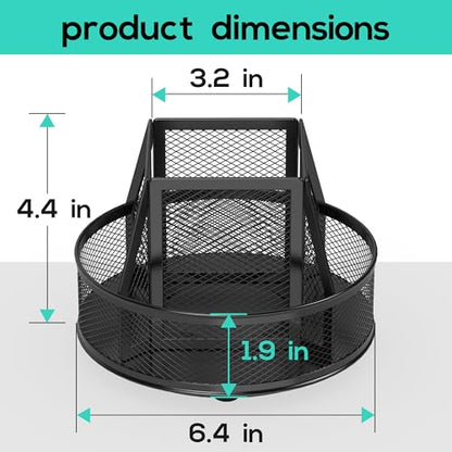YINGHUA Metal Mesh Desk Organizer with 5 Compartments and Rotating Pencil Holder Pen and Stationery Organizer for Office Home School Anti Slip Base Black - color: Black