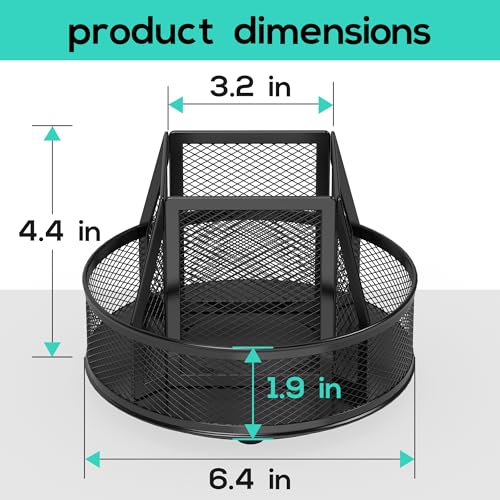 YINGHUA Metal Mesh Desk Organizer with 5 Compartments and Rotating Pencil Holder Pen and Stationery Organizer for Office Home School Anti Slip Base Black - color: Black