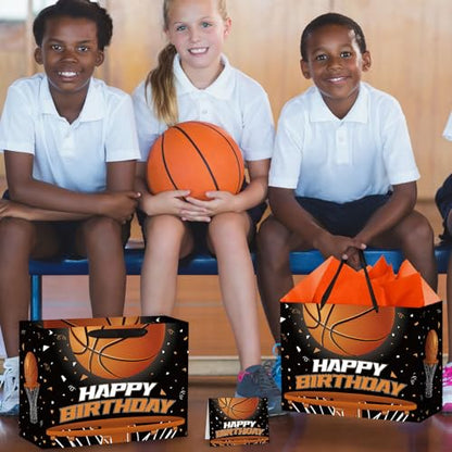 Hooqict Large Basketball Gift Bag with Handles, Tissue Paper, Greeting Cards Basketball Birthday Gift Wrap Bag for Kids Boys Men Sports Themed Goodie Treat Party Favors - color: Basketball