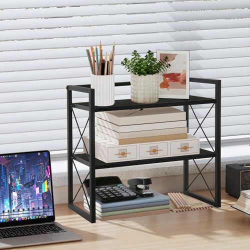 YINMIT Desktop Shelf Organizer, 2 Tier Office Shelves, Wood Desk Organizer Storage Rack and Freestanding Display Shelf for Office, Dormitory, Home(Black) - color: Black