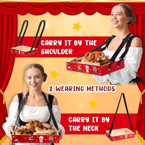 Movie Night Trays with Strap 15 x 10 x 3 Inch Wooden Snack Tray Party Wearable Serving Trays Usherette Popcorn Drink Beverage Carrier for Theater Family Room Film Carnival Prop Supplies(Party Style) - style: Party Style