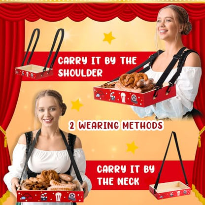 Movie Night Trays with Strap 15 x 10 x 3 Inch Wooden Snack Tray Party Wearable Serving Trays Usherette Popcorn Drink Beverage Carrier for Theater Family Room Film Carnival Prop Supplies(Party Style) - style: Party Style