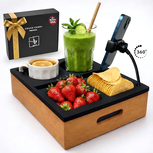 Couch Caddy with Cup Holder | Wood Couch Cup Holder Tray for Drinks, Snacks & Remotes | Sofa Couch Organizer with Phone & Cup Holder Tray (Black) - color: Black