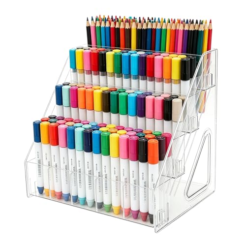 4-Tier Clear Acrylic Pen Holder for Desk, 20 Compartments Marker Storage Organizer, Space-Saving Vertical Stationery Rack for Art Supplies, High-Capacity Desktop Office Storage - size: 4 Tier