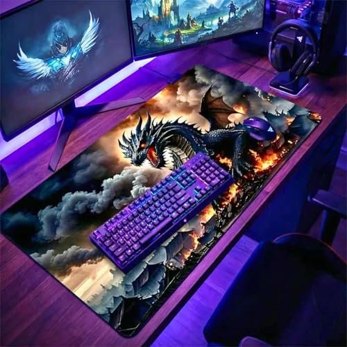 Gaming Mouse Pad Mythic Dragon - 31.5x11.8 Inch Large Desk Mat for Work & Gaming, Non-Slip Rubber Base, Durable Stitched Edges, Vivid Fantasy Art