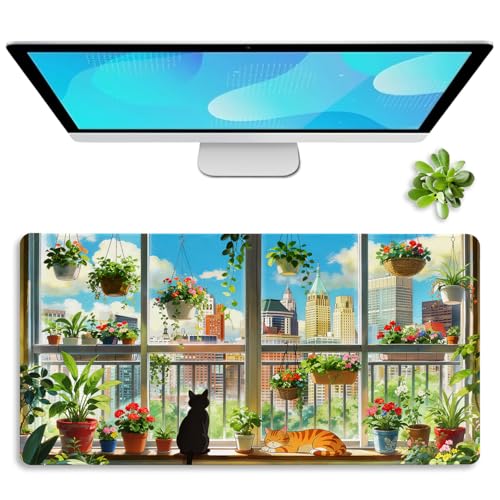 Vimorco Waterproof Desk Pad,XXL Large Mouse Extended Gaming Mousepad with Anti-Slip Rubber Base,Computer Laptop Keyboard Mouse Mat for Women Men Girls Work,Game,Office,31.5 x 15.7 inch,Window cat - color: Window Cat