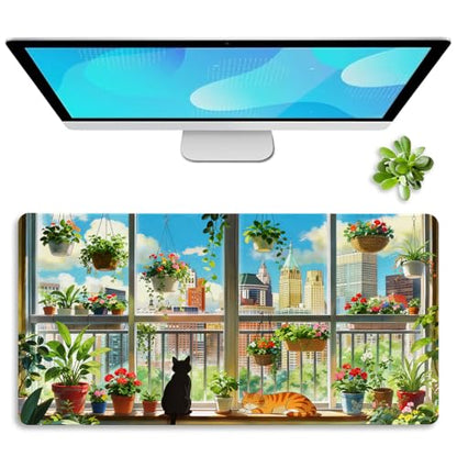 Vimorco Waterproof Desk Pad,XXL Large Mouse Extended Gaming Mousepad with Anti-Slip Rubber Base,Computer Laptop Keyboard Mouse Mat for Women Men Girls Work,Game,Office,31.5 x 15.7 inch,Window cat - color: Window Cat