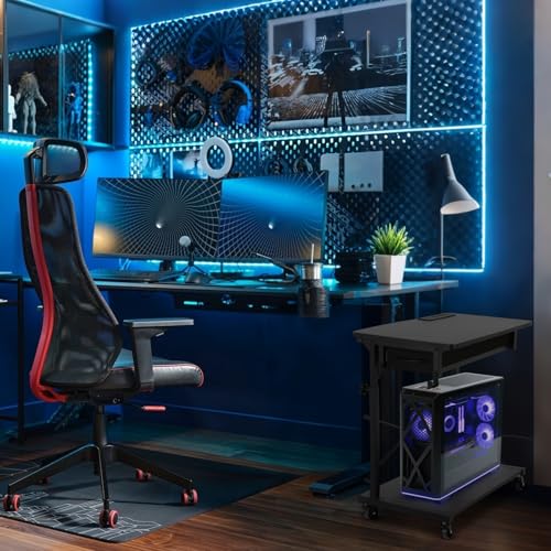 PC Tower Stand, Computer Tower Stand Under Desk，PC Stand for Floor with Drawer & 2 Lockable Castors，2 Tier Computer Cart for ATX Case，Office，Game Rooms，Study Room
