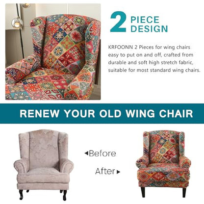 KRFOONN Stretch Wing Chair Slipcovers Printed 2 Piece Wingback Chair Covers Soft Spandex Wingback Armchair Slipcover Furniture Protector Chair Covers for Living Room Wingback Chair, T10 - color: Color T10
