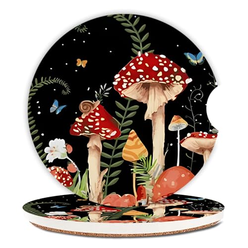2 Pack Cute Mushroom Pattern Absorbent Car Coasters for Cup Holders,2.56" Ceramic Coasters with Cork Back and Finger Slot,Auto Accessories for Women & Men. - color: Mushroom