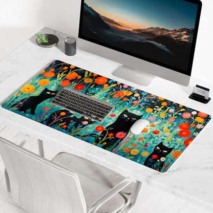 BOSOBO Large Desk Mat, XXL Gaming Mouse Mat, Full Cover Desktop 31.5 x 11.8 Inches, Black Cat GreenFolwers - color: Black Cat and Folwers, size: XL - 31.5 x 11.8 Inches