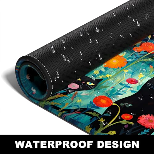 BOSOBO Large Desk Mat, XXL Gaming Mouse Mat, Full Cover Desktop 31.5 x 11.8 Inches, Black Cat GreenFolwers - color: Black Cat and Folwers, size: XL - 31.5 x 11.8 Inches