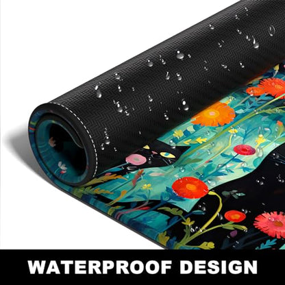BOSOBO Large Desk Mat, XXL Gaming Mouse Mat, Full Cover Desktop 31.5 x 11.8 Inches, Black Cat GreenFolwers - color: Black Cat and Folwers, size: XL - 31.5 x 11.8 Inches