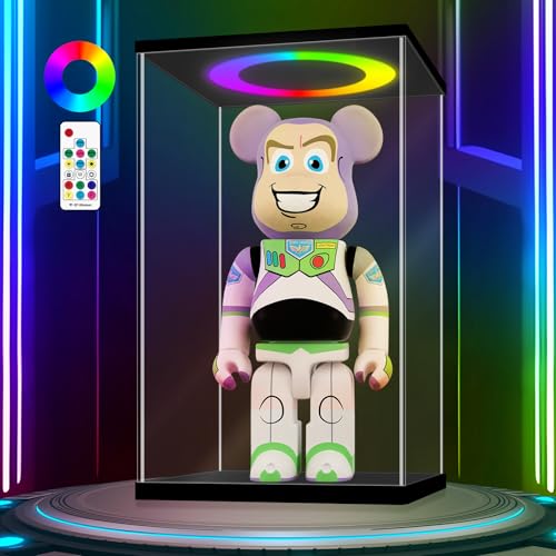 LANSCOERY Acrylic Display Case 5.9x5.9x11.8 in, 10mm Base, RGB Ring Light, 3mm Clear Panels, Front Door for Action Figures and Models - size: 5.9x5.9x11.8inch; 15x15x30cm