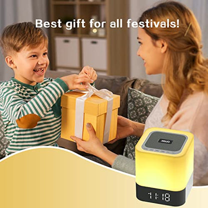 Night Light-5 in 1 Bedside Lamp with Bluetooth Speaker, 12/24H Digital Calendar Alarm Clock, Touch Control, Support TF and SD Card, Music Player, Gift for Girls Boys Teens,Warm White