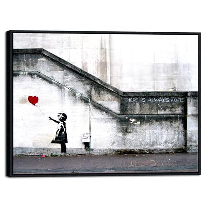 Wieco Art Framed Canvas Wall Art Giclee Canvas Prints of Banksy Grafitti Girl with Red Balloon Abstract Artwork for Wall Decor Home Decorations Black Frame - size: 32"L x 24"W