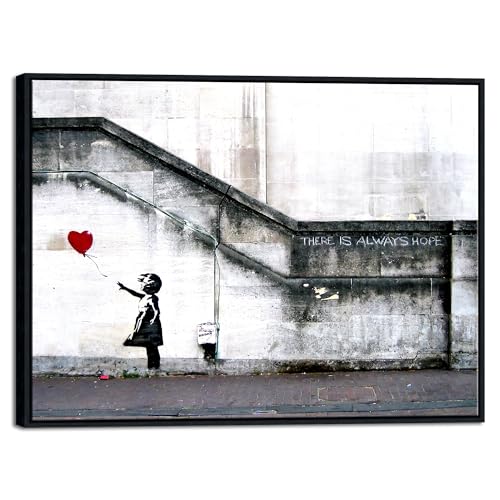 Wieco Art Framed Canvas Wall Art Giclee Canvas Prints of Banksy Grafitti Girl with Red Balloon Abstract Artwork for Wall Decor Home Decorations Black Frame - size: 32"L x 24"W