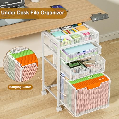 Rolling File Cart with 3 Storage Drawers, Under Desk Organizer with DIY Divider, Moblie Filing Cabinet on Wheels, Fits A4/Letter Size, Metal Utility Cart for Home Office, White - color: White, size: 3 Drawers