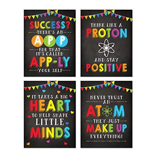 Andaz Press Classroom Science Teacher Wall Art Decor Poster Signs, 8.5x11-inch, Think Like a Proton and Stay Positive, Never Trust an Atom 4-Pack Unframed, Motivational Quotes Science Teacher Wall Art - color: Stay Positive