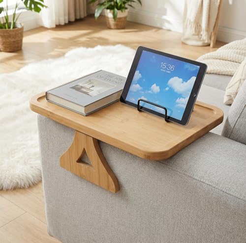 Couch Arm Tray, 13" × 9" Bamboo Foldable Sofa Armrest Table Tray Clip-On Desk for Eating TV Snacks Drinks Phone Remote, Natural Wood Wooden Holder Side Table for Armchair Recliner Small Spaces