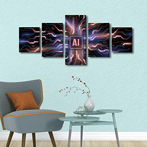 Wall Art for Office Technological Motherboard Prints for Wall Decor Canvas Wall Art Framed Art Wall Decor 5 Piece Wall Art Contemporary Home Decor Modern Artwork Wall Hanging, 50"x24" - color: Artwork-07, size: 50''Wx24''H