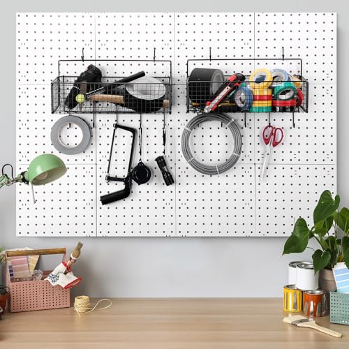 Shimeyao 2 Pcs Pegboard Accessories Set Including 2 Pegboard Baskets Bins with 5 Hooks 4 extra Hooks Black Metal Wire Basket Wall Mount Organizer for Workbench Garage Storage Attachments