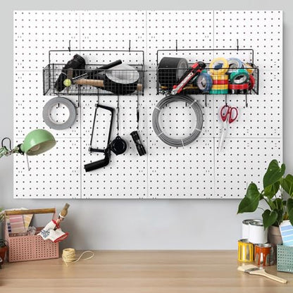 Shimeyao 2 Pcs Pegboard Accessories Set Including 2 Pegboard Baskets Bins with 5 Hooks 4 extra Hooks Black Metal Wire Basket Wall Mount Organizer for Workbench Garage Storage Attachments
