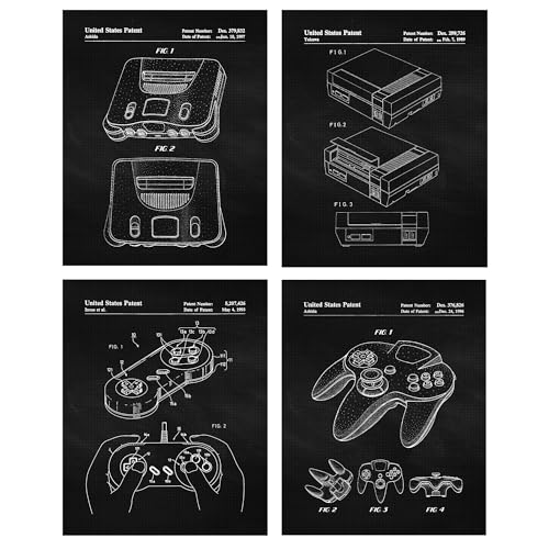 Classic Video Game Console Controller Patent Prints, 4 (8x10) Unframed Photos, Wall Art Decor for Home Work Office Studio Tech Lounge Robotics Gears Online Battle Royales Gaming Shop School Student Teacher - color: Black