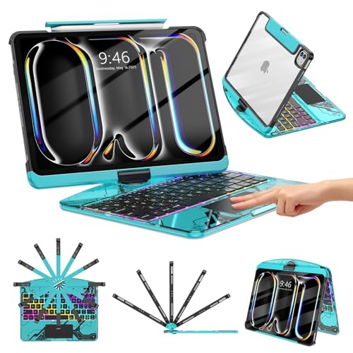 TSQQST Clear Wireless Keyboard Case for iPad Pro 11 Inch (M5/M4) 2025/2024 with Pencil Holder & Multi-Touch Trackpad, Visible PCB, 3-Brightness & 7-Color Backlight, 360° Rotating Stand, Blue - color: Clear+Blue, size: Pro11 M5/M4