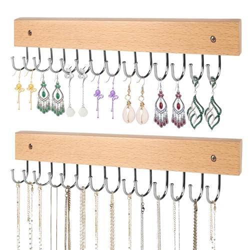 Necklace Holder Wall Mounted Jewelry Organizer - 2 Pack Wooden with 28 Rotating 180° Hooks for Hanging Earring & Ring Bracelet Storage, Decorative Space-Saving Jewelry Display (Natural) - color: Natural