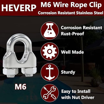 10Pcs M6 1/4 Inches Stainless Steel Wire Rope Cable Clip Clamp - size: M6 Clips-10PCS